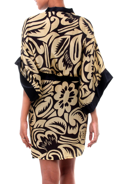 Silk robe, 'Golden Dusk' - Women's Short Black Silk Robe with Pale Yellow Flowers