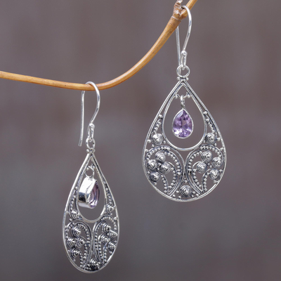 Amethyst dangle earrings, 'Bali Crest' - Amethyst and Sterling Silver Dangle Earrings