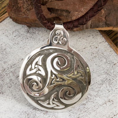 Sterling silver and leather pendant necklace, 'Celtic Triskelion' - Fair Trade Celtic Handcrafted Brown Leather Silver Necklace