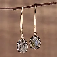 Gold plated labradorite dangle earrings, 'Aurora Drops' - 15 Carat Labradorite Dangle Earrings in 18k Gold Plate
