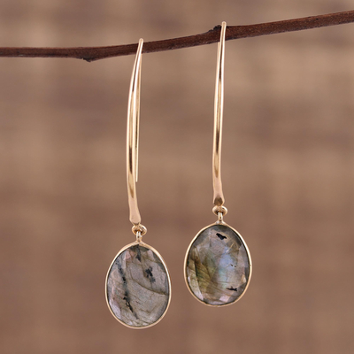 Gold plated labradorite dangle earrings, 'Aurora Drops' - 15 Carat Labradorite Dangle Earrings in 18k Gold Plate