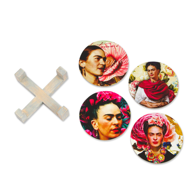 Decoupage wood coasters, 'Frida's Gaze' (set of 4) - Four Round Decoupage Pinewood Mexican Frida Kahlo Coasters
