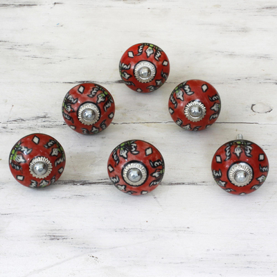 Ceramic cabinet knobs, 'Charming Red Flowers' (set of 6) - Ceramic Cabinet Knobs Floral Red (Set of 6) from India