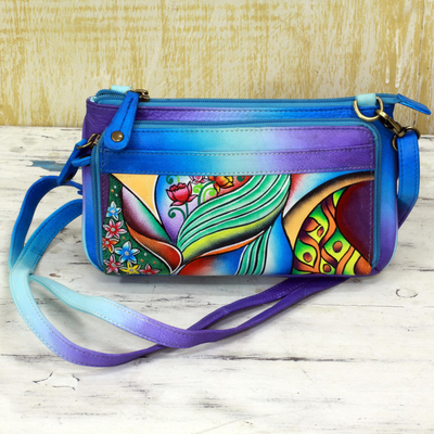 Leather shoulder bag, 'Spring Abode' - Blue Hand Painted Leather Small Handbag from India