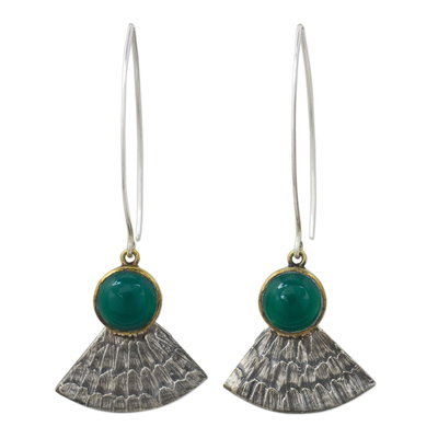 Sterling silver dangle earrings, 'Green Butterfly Crown' - Antiqued 925 Silver Butterfly Wing Earrings with Green Onyx