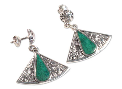 Chrysocolla dangle earrings, 'Inca Fan' - Handcrafted Fine Silver Chrysocolla Earrings