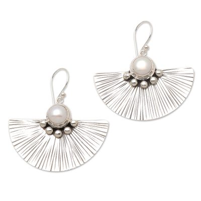 Cultured pearl dangle earrings, 'Celuk Fan' - Cultured White Pearl and Sterling Silver Earrings