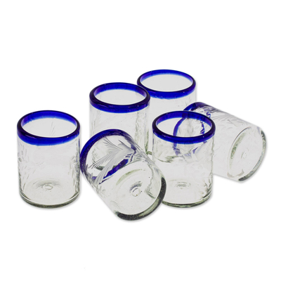 Vasos para jugo de vidrio soplado, (juego de 6) - Vasos de jugo transparentes grabados con borde azul (juego de 6)