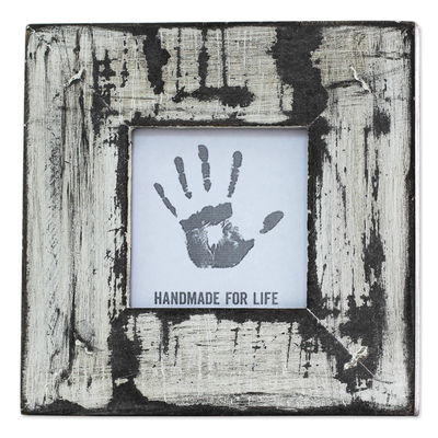 Wood photo frame, 'Rustic White' (3x3) - White Distressed Square Photo Frame (3x3) from India