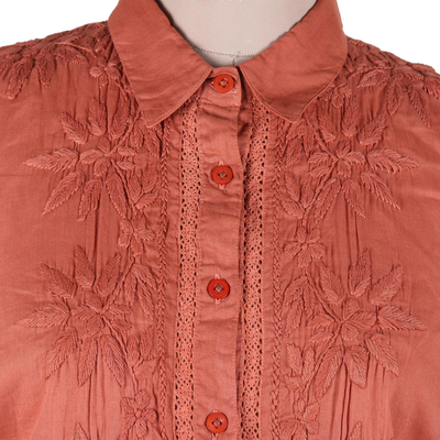 Embroidered cotton long shirt, 'Chikan Chic' - Embroidered Floral Terracotta Cotton Shirt