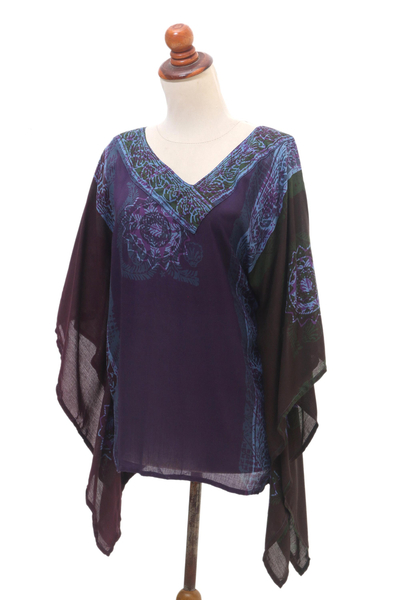 Batik rayon caftan blouse, 'Vintage Batik' - Hand Crafted Batik Rayon Floral Blouse from Bali