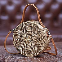 Round natural fiber shoulder bag, 'Bamboo Wheel' (8 inch) - Round Brown Woven Bamboo Shoulder Bag from Bali (8 inch)