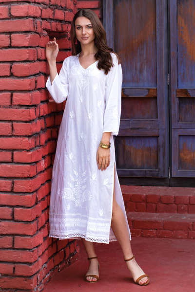 Embroidered cotton caftan, 'Lucknow Lily' - Long White Embroidered Caftan from India