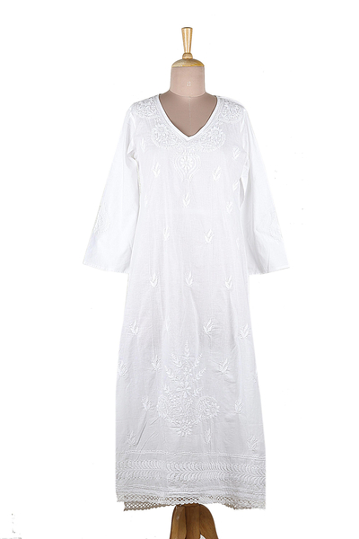Long White Embroidered Caftan from India