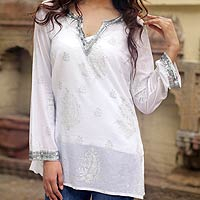 Beaded cotton tunic, 'Paisley Whisper' - Sheer White Beaded Cotton Blouse with Sequins India