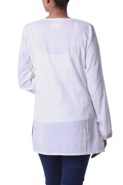 Beaded cotton tunic, 'Paisley Whisper' - Sheer White Beaded Cotton Blouse with Sequins India