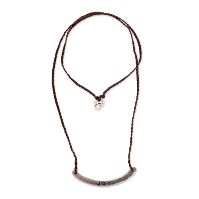Sterling silver bar necklace, 'Joy in Brown' - Joy Inspirational Jewelry 925 Silver on Brown Cord Necklace