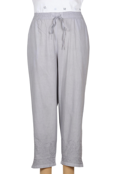 Cotton Cropped Pants, 'Paisley Greys' - Grey Indian Cotton Cropped Pants with Embroidered Detail