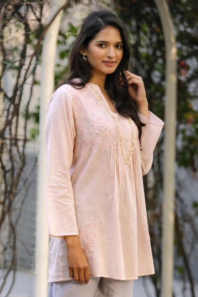 Embroidered cotton long tunic, 'Spring Rose' - Hand Embroidered Pink Cotton Tunic from India