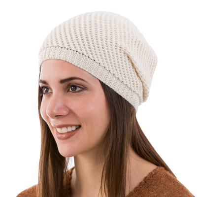 100% alpaca hat, 'Ivory Honeycomb' - Trendy Alpaca Wool Hat in Ivory White Knitted in Peru