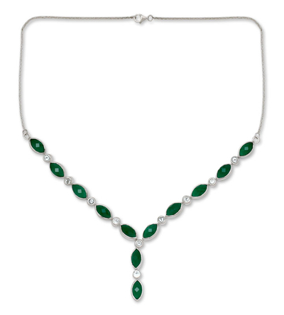 Green onyx and topaz Y necklace, 'Valley Dreamer' - Green Onyx and Blue Topaz Y Necklace