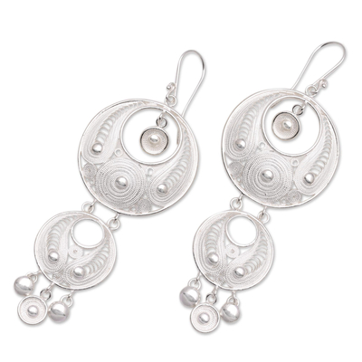 Sterling silver filigree chandelier earrings, 'Fabulous Idea' - Circle Pattern Sterling Silver Filigree Chandelier Earrings