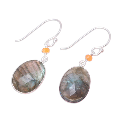 Labradorite and onyx dangle earrings, 'Mystic Pools' - Oval Labradorite and Sterling Silver Dangle Earrings