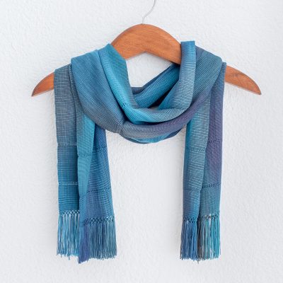 Rayon scarf, 'Smooth Breeze in Blue' - Handwoven Rayon Wrap Scarf in Blue from Guatemala