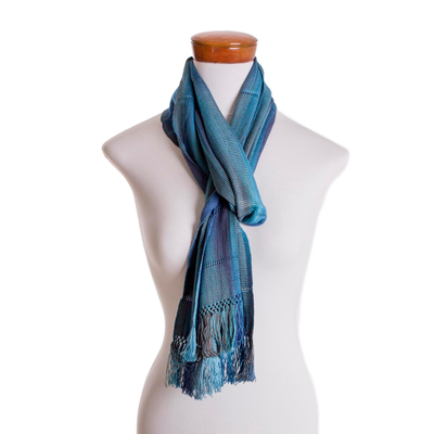 Rayon scarf, 'Smooth Breeze in Blue' - Handwoven Rayon Wrap Scarf in Blue from Guatemala