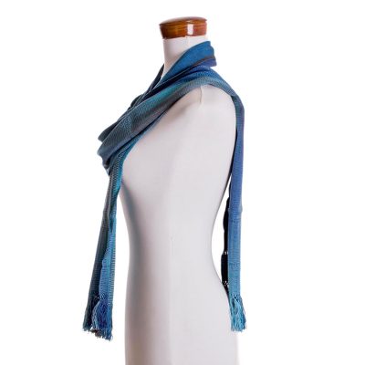 Rayon scarf, 'Smooth Breeze in Blue' - Handwoven Rayon Wrap Scarf in Blue from Guatemala