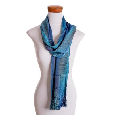 Rayon scarf, 'Smooth Breeze in Blue' - Handwoven Rayon Wrap Scarf in Blue from Guatemala