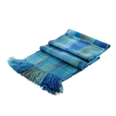 Rayon scarf, 'Smooth Breeze in Blue' - Handwoven Rayon Wrap Scarf in Blue from Guatemala