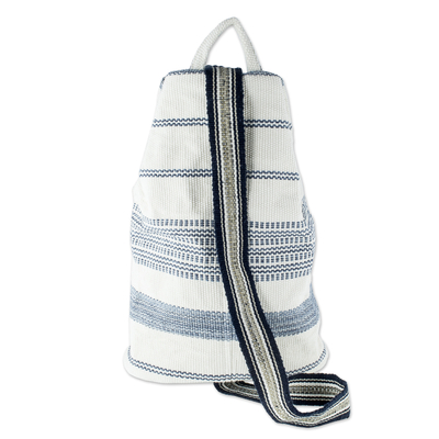 Cotton shoulder bag, 'Flowing River in Blue' (15 inch) - Blue and Off-White Cotton Shoulder Bag (15 Inch)
