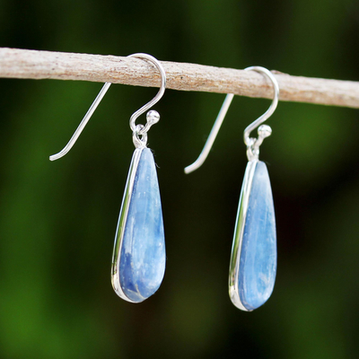 Rhodium plated kyanite dangle earrings, 'Morning Raindrops' - Rhodium Plated Kyanite Drop Dangle Earrings from Thailand