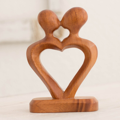 Mahogany sculpture, 'The Kiss of Love' - Hand Carved Heart Shaped Mahogany Wood Sculpture