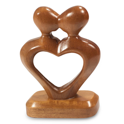 Mahogany sculpture, 'The Kiss of Love' - Hand Carved Heart Shaped Mahogany Wood Sculpture