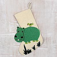 Wool felt Christmas stocking, 'Happy Hippo' - Hippo Wool Felt Christmas Stocking