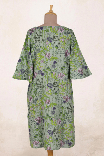 Screen printed cotton sheath dress, 'Lush and Lovely' - Screen Printed Floral-Motif Cotton Sheath Dress