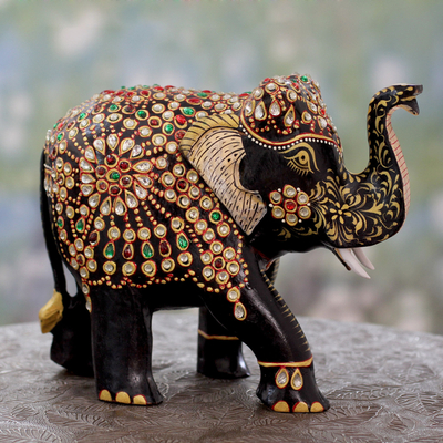 Wood statuette, 'Majestic Elephant II' - Embellished Black Elephant Wood Sculpture Crafted by Hand
