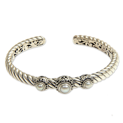 Cultured pearl cuff bracelet, 'Triple Crown in White' - Cultured Pearl Cuff Bracelet from Bali