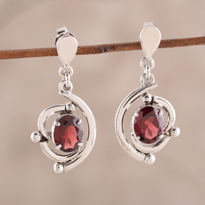 Rhodium plated garnet dangle earrings, 'Fascinating Swoop' - Curve Pattern Rhodium Plated Garnet Dangle Earrings