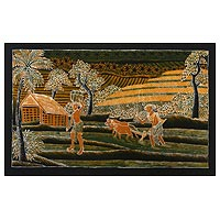 Batik-Baumwoll-Wandbehang, „Farmer's Routine“ – Batik-Baumwoll-Farmlife-Wandbehang aus Bali