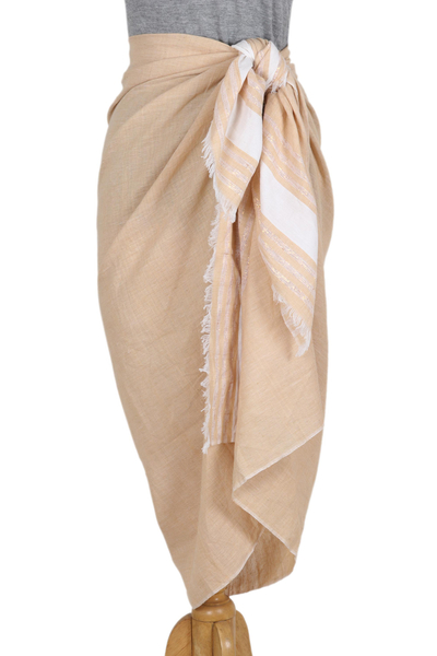 Cotton sarong, 'Stylish Stripes in Buff' - Handwoven Cotton Sarong in Buff from India