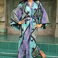 Women's batik robe, 'Seaside Blue' (long) - Women's Handcrafted Batik Robe
