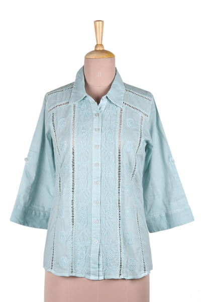 Embroidered cotton blouse, 'Elegant in Mint' - Feminine All Cotton Mint Green Blouse from India