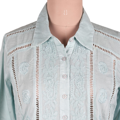 Embroidered cotton blouse, 'Elegant in Mint' - Feminine All Cotton Mint Green Blouse from India
