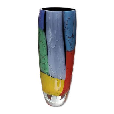 Handblown art glass vase, 'Elegance - Black Rim' - Unique Handblown Glass Vase