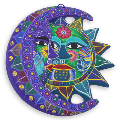 Ceramic wall adornment, 'Turquoise Floral Eclipse' - Fair Trade Sun and Moon Ceramic Wall Art