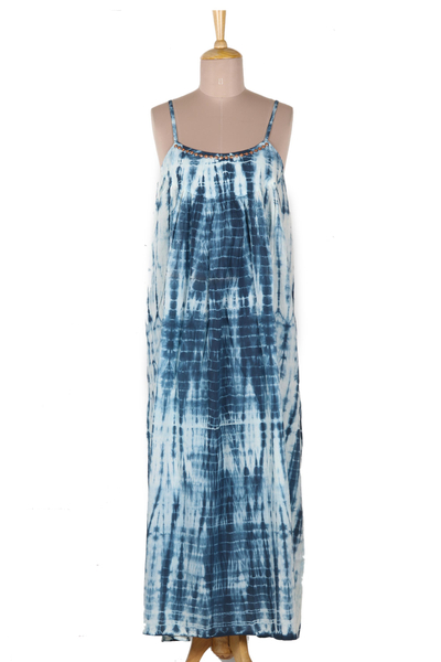 Tie-dyed cotton dress, 'Navy Rain' - Tie-Dyed Cotton Long Dress in Navy from India