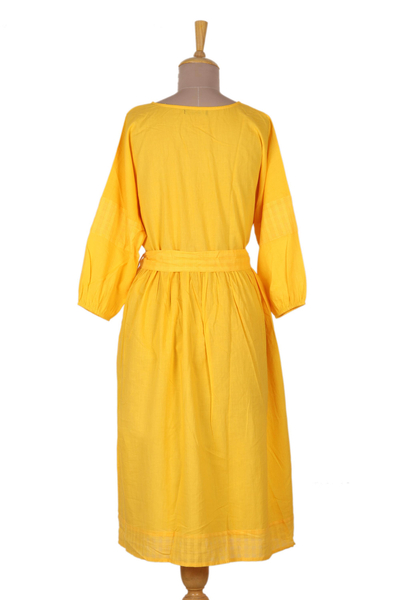 Cotton midi dress, 'Marigold Muse' - Yellow Cotton Empire Waist Midi Dress